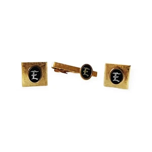 Vintage Swank Gold Tone Monogrammed E Tie Clip and Cufflinks - Picture 1 of 11