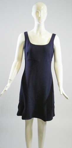 Mini abito CHRISTIAN DIOR 2015 blu navy lana senza maniche orlo balza S M F38 6 8