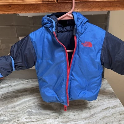 North Face Baby 550 Down Puffer Jacket Blue Hood  Reversible Snow 6-12 M Winter - Image 1 of 4