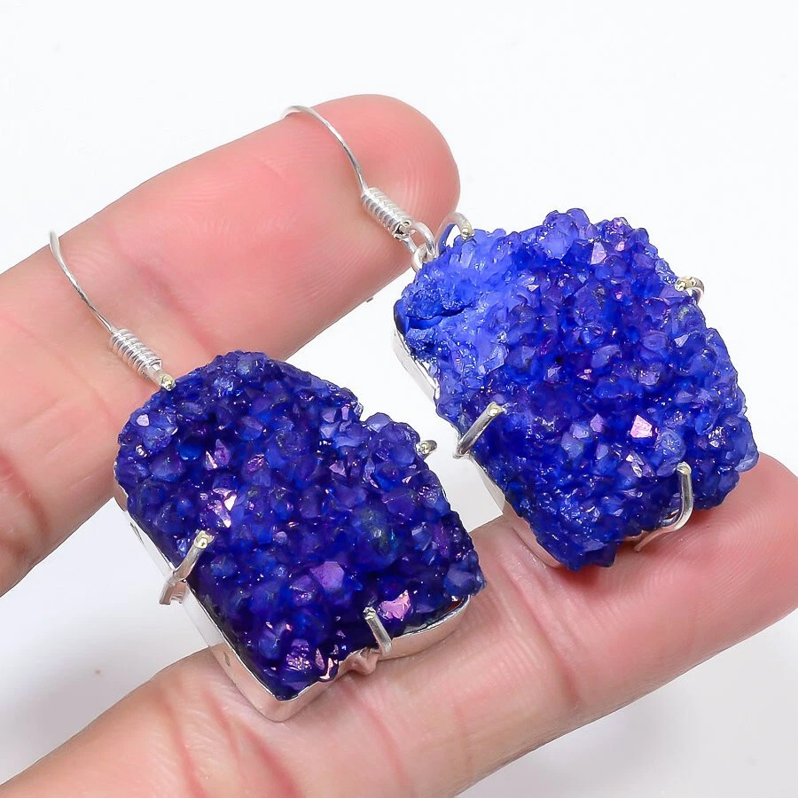 Blue Titanium Druzy Gemstone Silver Plated Vintage Earrings Jewelry 1.5" - Image 1 of 1