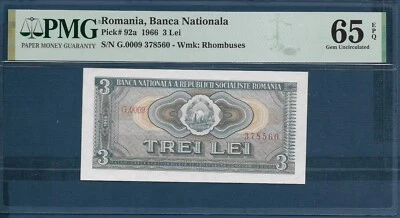 Romania 3 Lei, 1966, P 92a, PMG 65 EPQ Gem UNC - Image 1 of 2