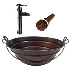 16" Oval Copper Bucket Vessel Sink with LT Drain and 13" ORB Faucet