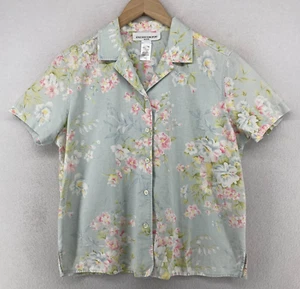 JONES NEW YORK SPORT Shirt PM Petite Camp Linen Cotton Floral Button Front Blue - Picture 1 of 12
