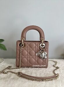 RARE💗🤎 Y2021 Christian Dior MINI LADY DIOR FARD NUDE PINK Lamb Leather BAG GHW