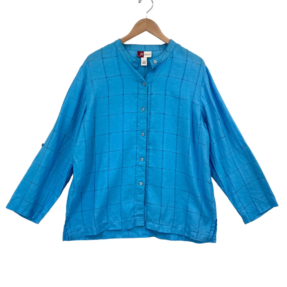 Camisa de lino JM Collection para mujer talla 18 azul liso botón abertura frontal Foto 1 de 4
