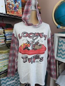 Vintage 90s Looney Tunes Plaid Hooded Long Sleeve Shirt XL 1994 Streetwear GUC