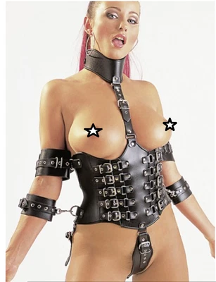 Intimo sexy bondage sadomaso bustino costrittivo con manette e collare Corsetto - Immagine 1 di 4