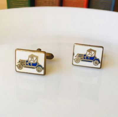 Gemelos vintage de latón con decoración de coche retro esmaltado, hechos en Inglaterra, años 80 Foto 1 de 4