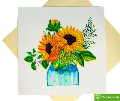 Cartão comemorativo arranjo de girassóis quilling - Arte dedicada exclusiva feita à mão - Imagem 1 de 4