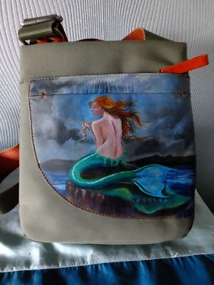Classical Mermaid Hand Painted Sage Green Leather / Canvas Crossbody Radley Bag - Image 1 of 4