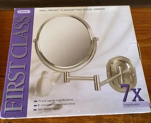 Wall Mount Makeup Mirror 7X Magnification 2-Sided Swivel Nickel 8" Diameter NEW - Picture 1 of 11