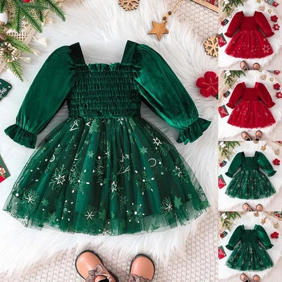 Baby Girls Christmas Velvet Princess Dress Xmas Snowflake Tutu Lace Kids Clothes - Image 1 of 4