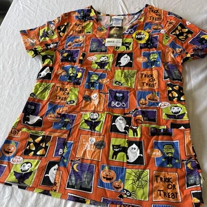 ScrubStar scrub top womens S Halloween Frankenstein Cats Ghosts Spiders Boo - Picture 1 of 4
