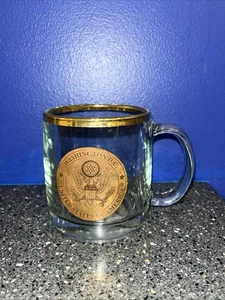 Vtg Washington DC USA Souvenir Clear Heavy Glass Mug w/Gold Medallion Seal & Rim - Picture 1 of 5