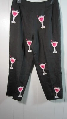 C J Laing Pants Women's 6 Black Martini Glasses Cropped 100% Linen Pull-on Artsy - Image 1 of 4