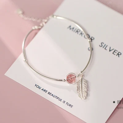 Pulsera con dije de plumas y cuentas redondas de cristal de plata de ley 925 para mujer joyería Foto 1 de 4