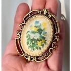 Vintage Cameo Oval Grannycore Sugar Glass Flower Pendant Gold Tone Brooch