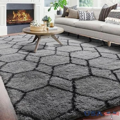 Alfombra geométrica de felpa grande sala de estar dormitorio niños sala de juegos antideslizante nueva Foto 1 de 4