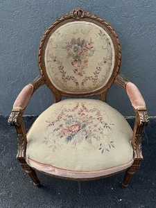 Antique French Louis XVI Needlepoint Armchair – Hand Carved Wood - Picture 1 of 12