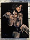 Original “FREDERIC” Black Velvet Oil Painting Nude Woman Brunette Unframed 14x19