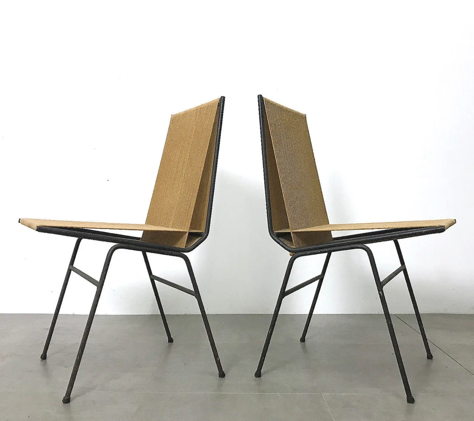 一对 Allan Gould 弦形侧椅铁编织绳 中世纪现代 复古 — 第 1/1 张图片