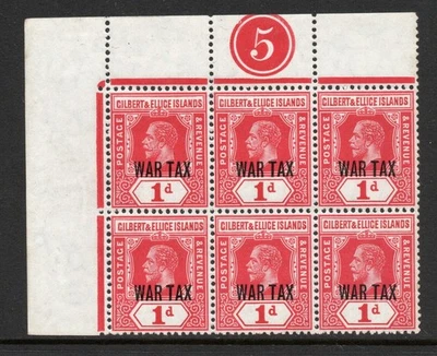 Gilbert & Ellice Is. Impuesto de guerra 1918 1d rojo en bloque de placas SG 26 Mnh. (R2688) Foto 1 de 2