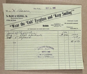 New York City NY: 1905 Billhead McCOY & STILWELL MANUFACTURING OPTICIANS 42nd St - Picture 1 of 2