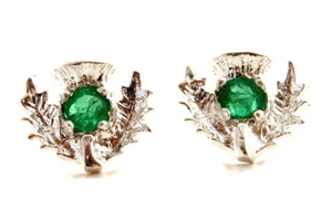 Sterling Silver Emerald Scottish Thistle Stud earrings Gift Boxed Made in UK - Picture 1 of 5