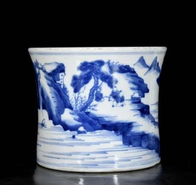 Pincel chinês antigo assinado por Kangxi azul e branco com paisagem N3552 - Imagem 1 de 4