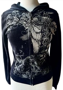 VTG Y2K Hoodie~BUS STOP LOS ANGELES~Blk Velour TRUTHFUL Silvr Graphic Rhinestone - Bild 1 von 6