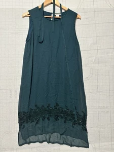 VTG Gold Hawk Viscose Beads & sparkling Sleeve Dress Sz L Green Romantic W Belt - Picture 1 of 11