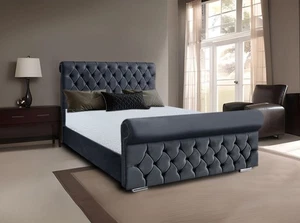 Luxury Sleigh Bed Frame Plush Velvet Upholstered Ottoman Gas Lift Storage Double - Picture 1 of 2