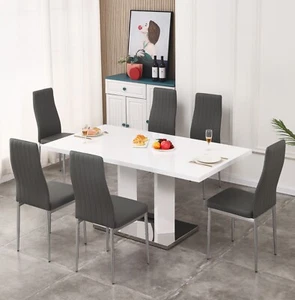 Dining Table Set Rectangular White High Gloss 6 Seater and 6 Faux Leather Chairs - Picture 1 of 39