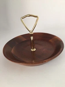 MCM inlaid walnut Wood Trinket Jewelry Nut Dish With gold/wooden Handle - Picture 1 of 7