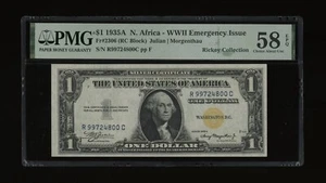 DBR 1935-A $1 North Africa Silver Fr. 2306 RC Block PMG 58 EPQ Serial R99724800C - Picture 1 of 2