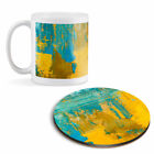 Mug & Round Coaster Set - Modern Yellow Blue Oil Painting Art #21901