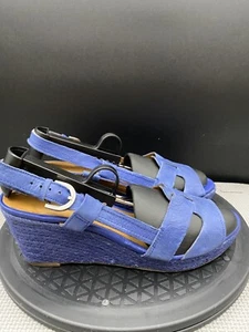 Franco Sarto Women's Sandal Size 7.5 Blue Wedge Leather Espadrille Slingback - Picture 1 of 16