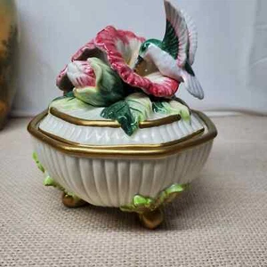 Fitz & Floyd 3D Trinket Bowl Lidded Hummingbird Flowers Nest Eggs - Picture 1 of 10