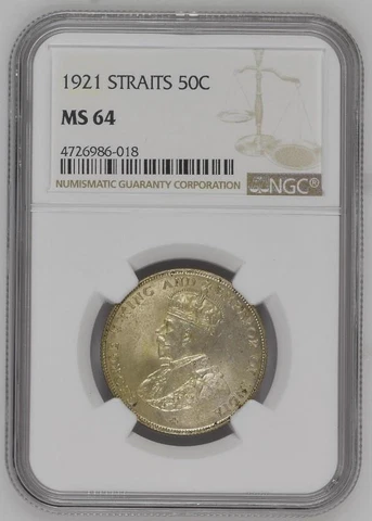 STRAITS SETTLEMENTS King George V, 50 Cents, 1921 NGC MS 64 UNC Cover