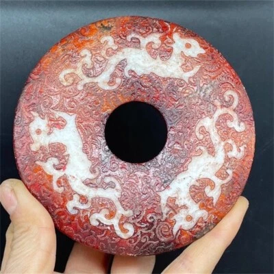 Old jade bi,Chinese Jade ware Carved relief Dragon pattern round - Image 1 of 4