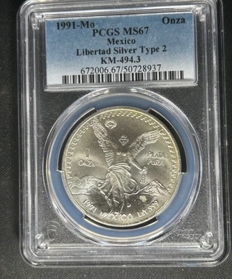 1991-Mo (MS67) Type 2 Mexican Silver Libertad Onza PCGS - Scarce Variety - Image 1 of 2