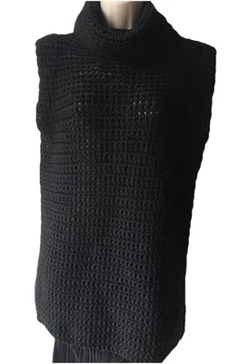 Hand knit Artisan Crochet long sleeveless Jumper Tank L 14 Woolly Black Cowlneck - Image 1 of 4
