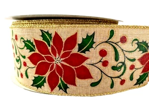 Christmas Red Poinsettia 2.5" x 2 yard Wired Ribbon Holly Berry Mistletoe Gold - Picture 1 of 7
