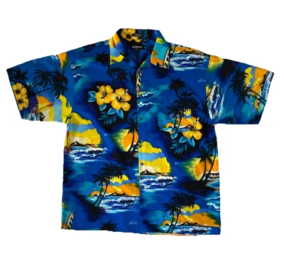 Koman 夏威夷蓝色花卉热带帆船 Aloha 衬衫 2X 纽扣 – 聚酯纤维 — 第 1/3 张图片