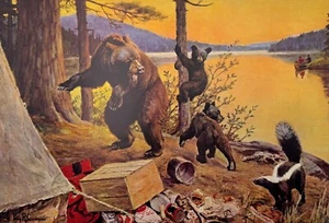 Uninvited Guest, Philip R. Goodwin Vintage Western Print Bear, Cubs, Skunk, Camp - Picture 1 of 5
