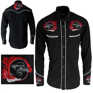 Camisa de rodeo rockabilly de manga larga de manga larga de vaquero occidental calavera negra - Imagen 1 de 1