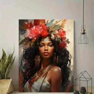 African Queen Vibrant Floral Headdress Earrings Metal Print Ready to Hang - Picture 1 of 7