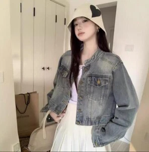 Women's Fashion Stand Collar Retro Distressed Denim Jeans Jacket Short Coat  - Picture 1 of 8