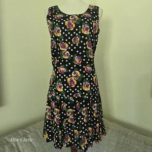Vintage 80s Black Floral Fit & Flare Button Back Drop Waist Dress Allison Blair  - Bild 1 von 10