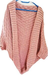 Pink Chunky Hand Knit Wool Cardigan plus Size  16  Piece Shrug Cozy Oversized 